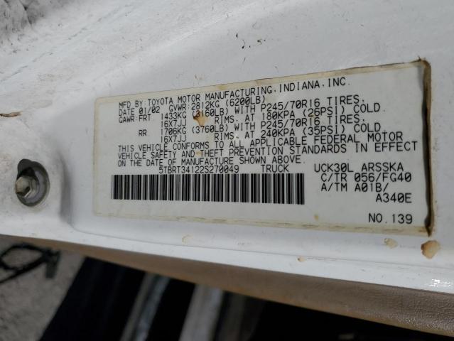 5TBRT34122S270049 - 2002 TOYOTA TUNDRA ACCESS CAB Սպիտակ լուսանկար 12
