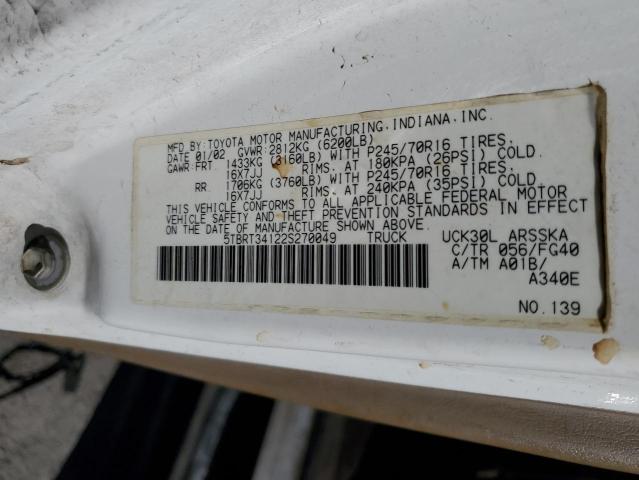 5TBRT34122S270049 - 2002 TOYOTA TUNDRA ACCESS CAB WHITE photo 12