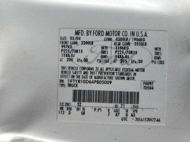 1FTYR10D64PB05009 - 2004 FORD RANGER WHITE photo 12