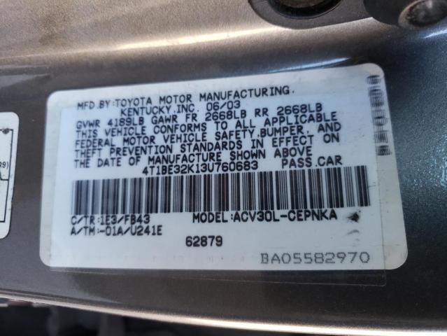 4T1BE32K13U760683 - 2003 TOYOTA CAMRY LE GRAY photo 12