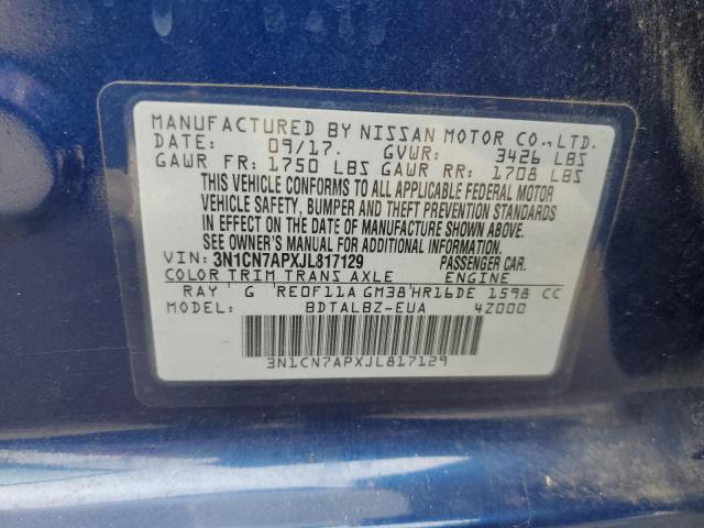 3N1CN7APXJL817129 - 2018 NISSAN VERSA S BLUE photo 12