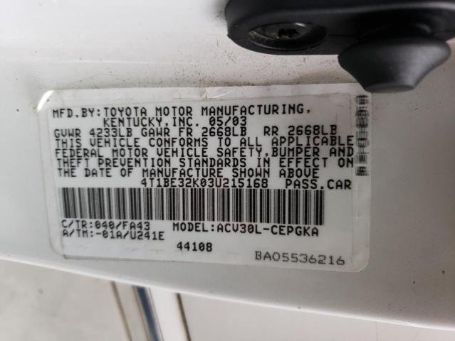 4T1BE32K03U215168 - 2003 TOYOTA CAMRY LE WHITE photo 12