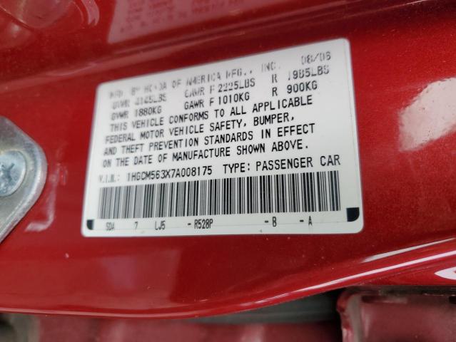 1HGCM563X7A008175 - 2007 HONDA ACCORD SE RED photo 12