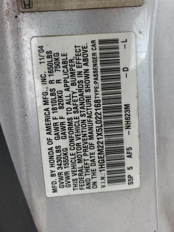 1HGEM221X5L022168 - 2005 HONDA CIVIC DX VP Silber Foto 12