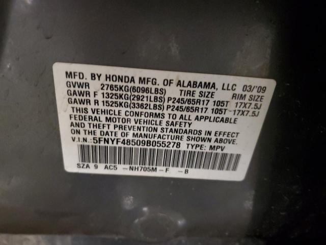 5FNYF48509B055278 - 2009 HONDA PILOT EXL GRAY photo 13