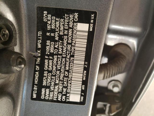 SHHFK7H93JU233176 - 2018 HONDA CIVIC SPORT TOURING GRAY photo 13