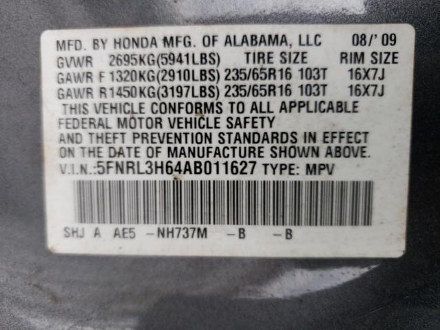 5FNRL3H64AB011627 - 2010 HONDA ODYSSEY EXL GRAY photo 13