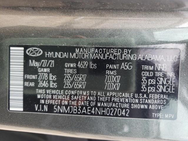 5NMJB3AE4NH027042 - 2022 HYUNDAI TUCSON SEL GRAY photo 10