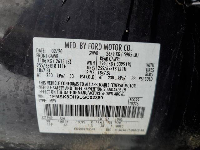 1FMSK8DH9LGC02389 - 2020 FORD EXPLORER XLT BLACK photo 12