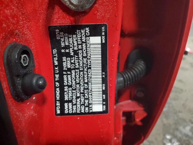 SHHFK7H69KU218429 - 2019 HONDA CIVIC EX RED photo 13