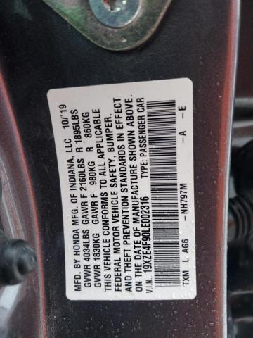 19XZE4F90LE002316 - 2020 HONDA INSIGHT TOURING GRAY photo 13