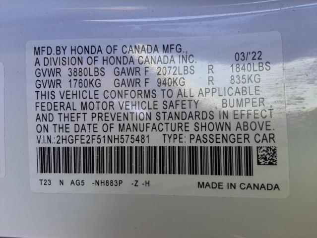 2HGFE2F51NH575481 - 2022 HONDA CIVIC SPORT 白色 照片 12