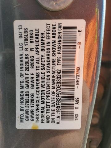 19XFB2F97DE033242 - 2013 HONDA CIVIC EXL ნაცრისფერი ფოტო 12