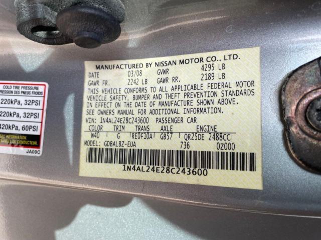 1N4AL24E28C243600 - 2008 NISSAN ALTIMA 2.5S SILVER photo 10