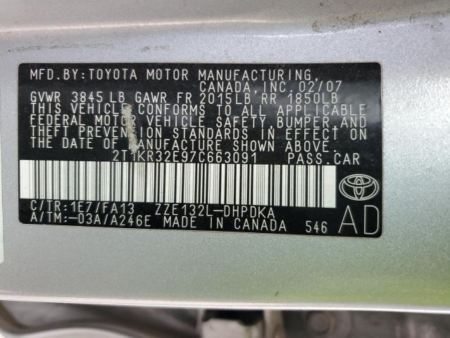 2T1KR32E97C663091 - 2007 TOYOTA COROLLA XR SILVER photo 12