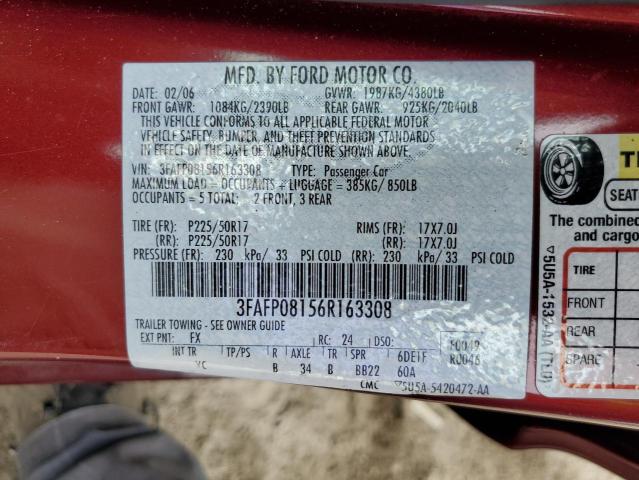 3FAFP08156R163308 - 2006 FORD FUSION SEL MAROON photo 12