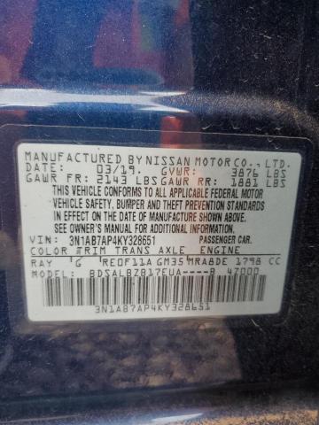 3N1AB7AP4KY328651 - 2019 NISSAN SENTRA S BLUE photo 12