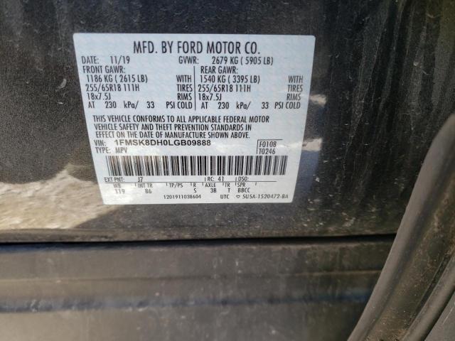 1FMSK8DH0LGB09888 - 2020 FORD EXPLORER XLT GRAY photo 12