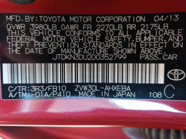 JTDKN3DU2D0352799 - 2013 TOYOTA PRIUS RED photo 12