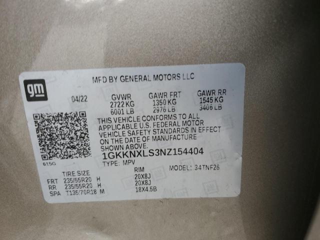 1GKKNXLS3NZ154404 - 2022 GMC ACADIA DENALI TAN photo 12