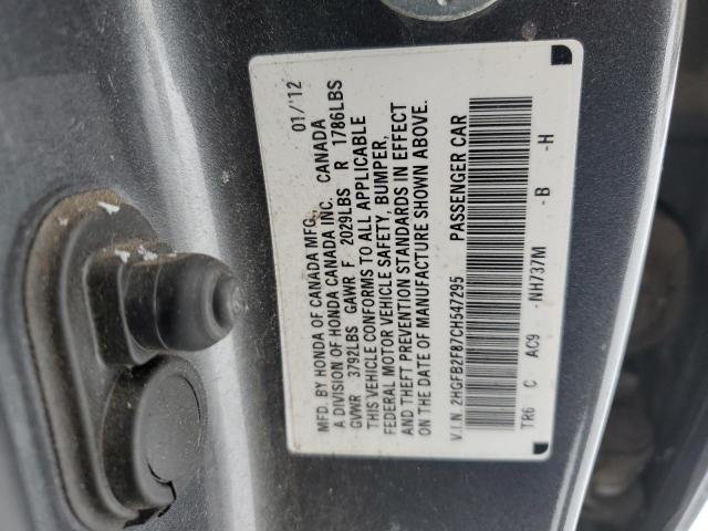 2HGFB2F87CH547295 - 2012 HONDA CIVIC EX GRAY photo 12