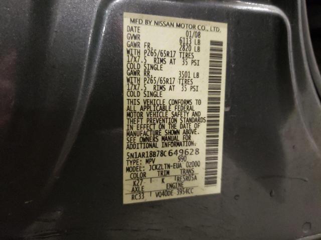 5N1AR18B78C649628 - 2008 NISSAN PATHFINDER S GRAY photo 13