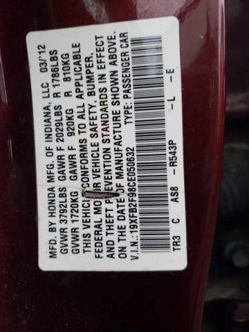 19XFB2F98CE050632 - 2012 HONDA CIVIC EXL მუქწითელი ფოტო 12