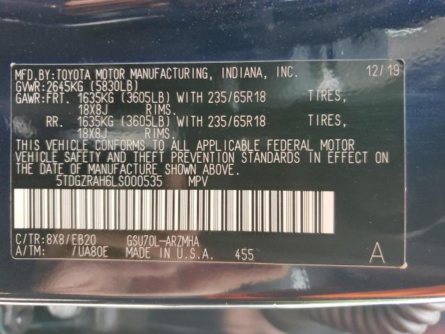5TDGZRAH6LS000535 - 2020 TOYOTA HIGHLANDER XLE BLUE photo 13