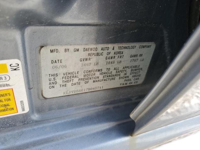 KL1TD56617B045741 - 2007 CHEVROLET AVEO BASE შავი ფოტო 12