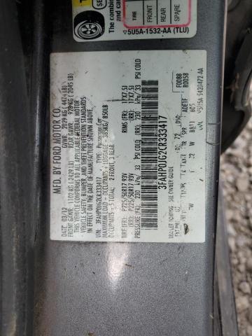 3FAHP0JG2CR333417 - 2012 FORD FUSION SEL GRAY photo 12