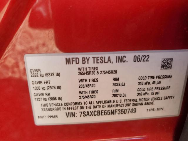 7SAXCBE65NF350749 - 2022 TESLA MODEL X RED photo 13