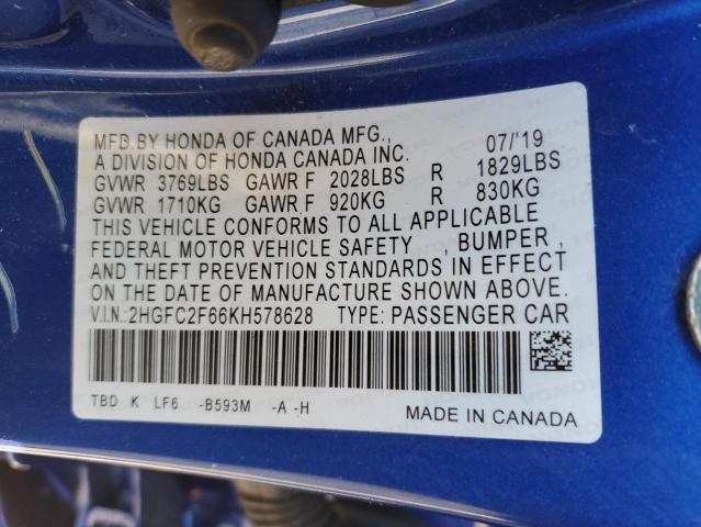 2HGFC2F66KH578628 - 2019 HONDA CIVIC LX BLUE photo 12