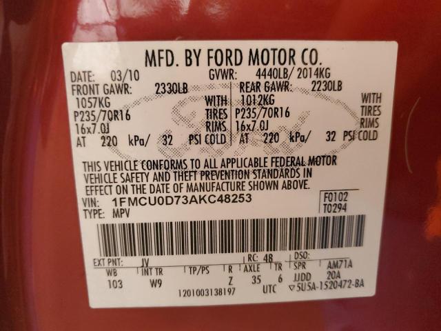 1FMCU0D73AKC48253 - 2010 FORD ESCAPE XLT RED photo 13