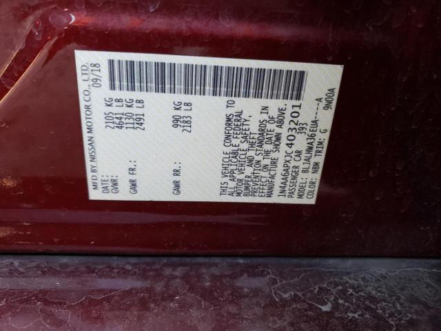 1N4AA6APXJC403201 - 2018 NISSAN MAXIMA 3.5S MAROON photo 12