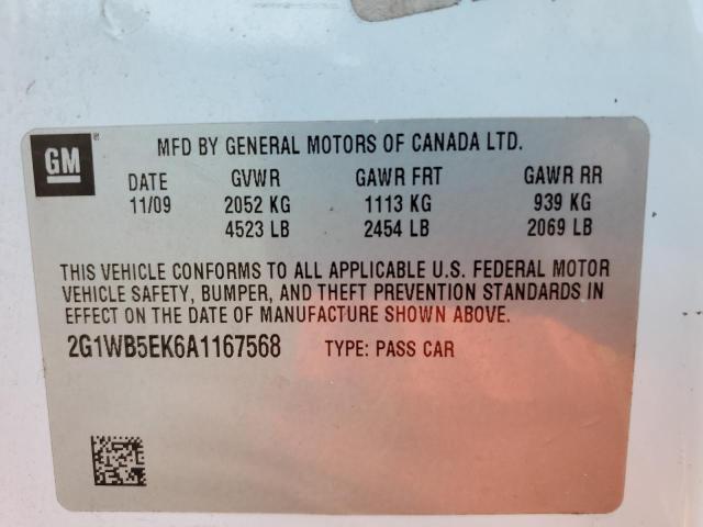 2G1WB5EK6A1167568 - 2010 CHEVROLET IMPALA LT WHITE photo 12