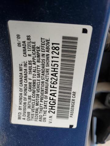 2HGFA1F62AH511281 - 2010 HONDA CIVIC LX-S BLUE photo 13