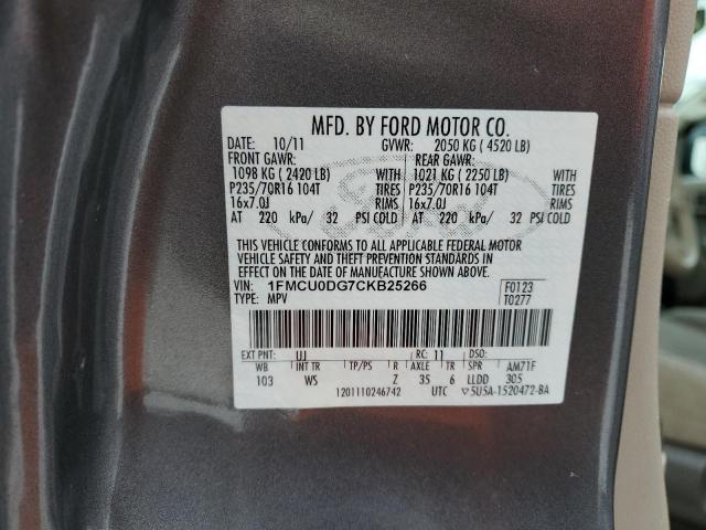 1FMCU0DG7CKB25266 - 2012 FORD ESCAPE XLT CHARCOAL photo 12