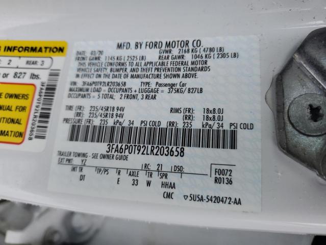 3FA6P0T92LR203658 - 2020 FORD FUSION SE WHITE photo 12