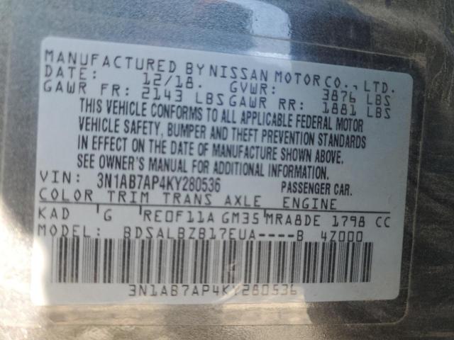 3N1AB7AP4KY280536 - 2019 NISSAN SENTRA S GRAY photo 13