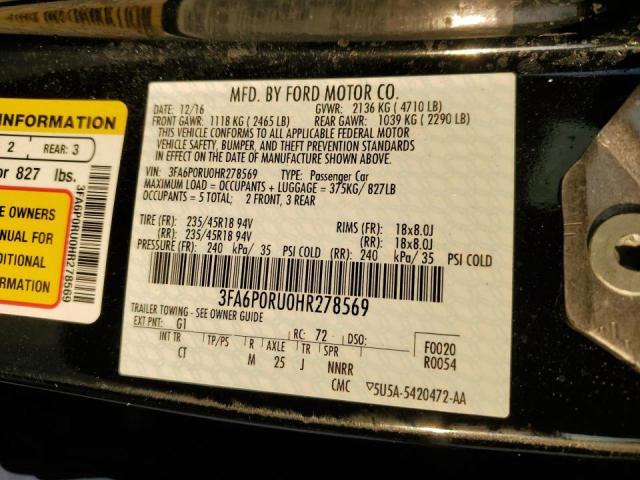 3FA6P0RU0HR278569 - 2017 FORD FUSION TITANIUM HEV BLACK photo 12