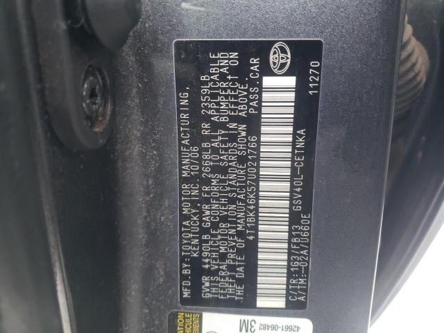 4T1BK46K57U021766 - 2007 TOYOTA CAMRY LE BLACK photo 12