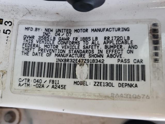 1NXBR32E47Z918342 - 2007 TOYOTA COROLLA CE WHITE photo 12