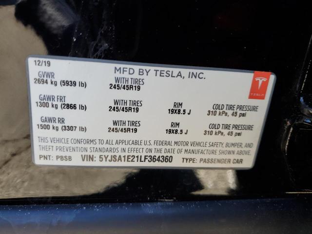 5YJSA1E21LF364360 - 2020 TESLA MODEL S Սև լուսանկար 12