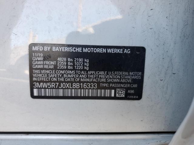 3MW5R7J0XL8B16333 - 2020 BMW 330XI WHITE photo 12