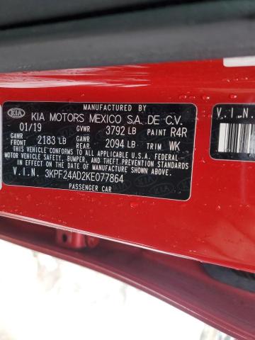 3KPF24AD2KE077864 - 2019 KIA FORTE FE RED photo 12