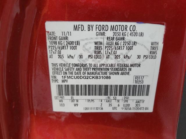 1FMCU0DG2CKB31086 - 2012 FORD ESCAPE XLT RED photo 13