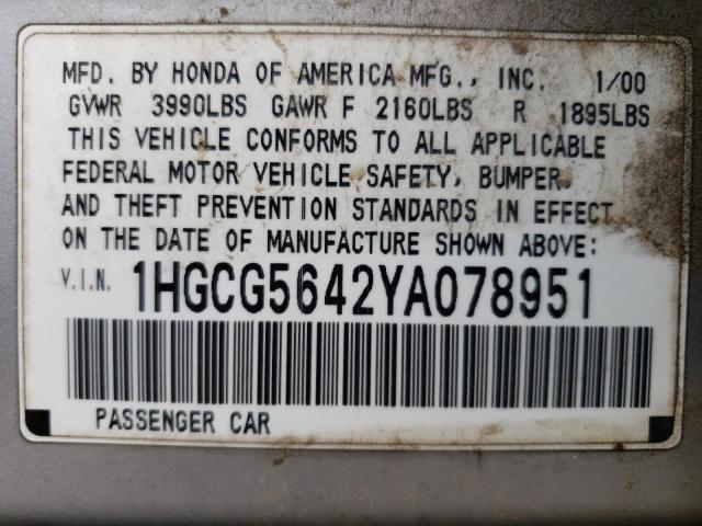 1HGCG5642YA078951 - 2000 HONDA ACCORD LX SILVER photo 12