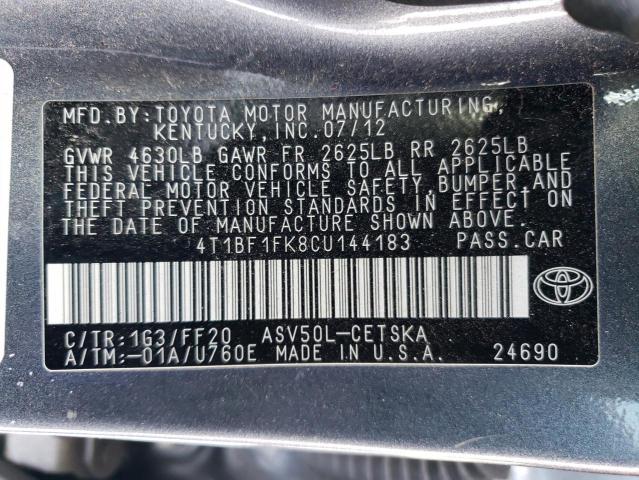 4T1BF1FK8CU144183 - 2012 TOYOTA CAMRY BASE GRAY photo 13