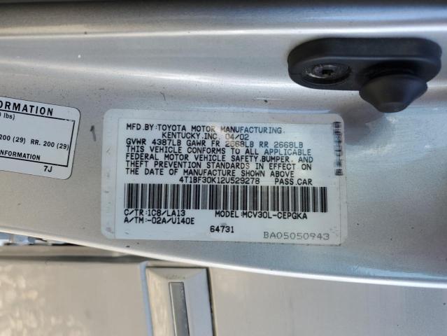 4T1BF30K12U529278 - 2002 TOYOTA CAMRY LE SILVER photo 12