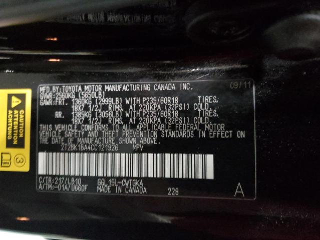 2T2BK1BA4CC121926 - 2012 LEXUS RX 350 BLACK photo 12